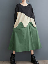 Asymmetric Contrast Color Split-Joint A-Line Long Sleeves Round-Neck Midi Dresses